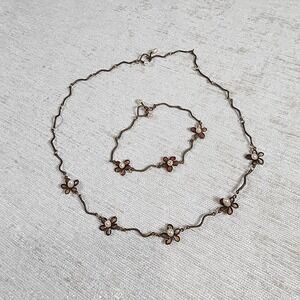 Copper Wire And Pink Resin With Pearls Daisy Chain Necklace & Bracelet Set